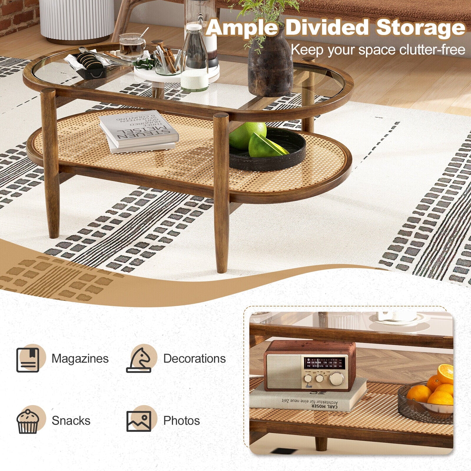 Amijoy 2-layer coffee table, tempered glass top grade coffee table, with PE rattan storage rack and acacia wood frame, center table in living room, reception room, and office, brown