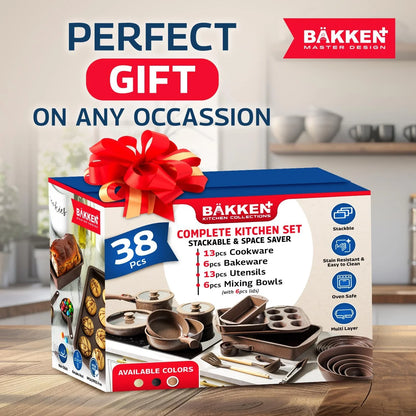 Bakken Master 38 Piece Granite Cookware and Bakeware Set - Nonstick Granite Coating, Pots and Pans with Detachable Handles and Tempered Glass Lids, 6-piece Bakeware set, 12-piece Mixing Bowls,Brown