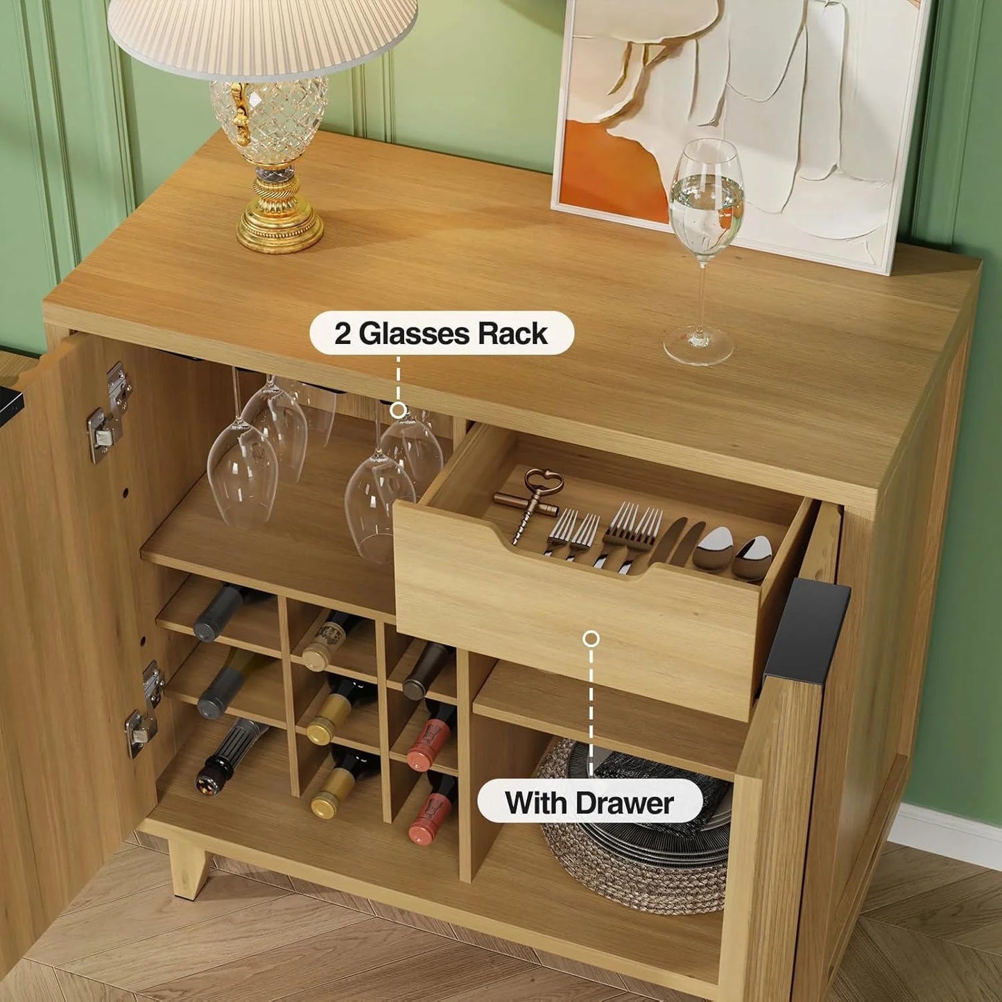VEANERWOOD Wine Bar Cabinet with 2 Door Fluted Texture, Kitchen Sideboard Buffet with Wine Rack& Glass Holder for Living Room