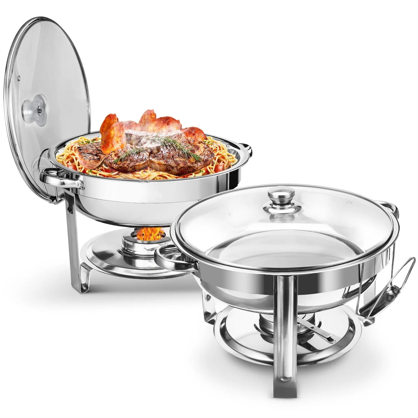 Warmounts Chafing Dish Buffet Set, 2 Pack 5-Quart Round Buffet Chafe Warmer Set, 410 Stainless Steel Chafing Dish Buffet Food Warmer with Glass Lid & Holder for Party Home Garden Wedding Events