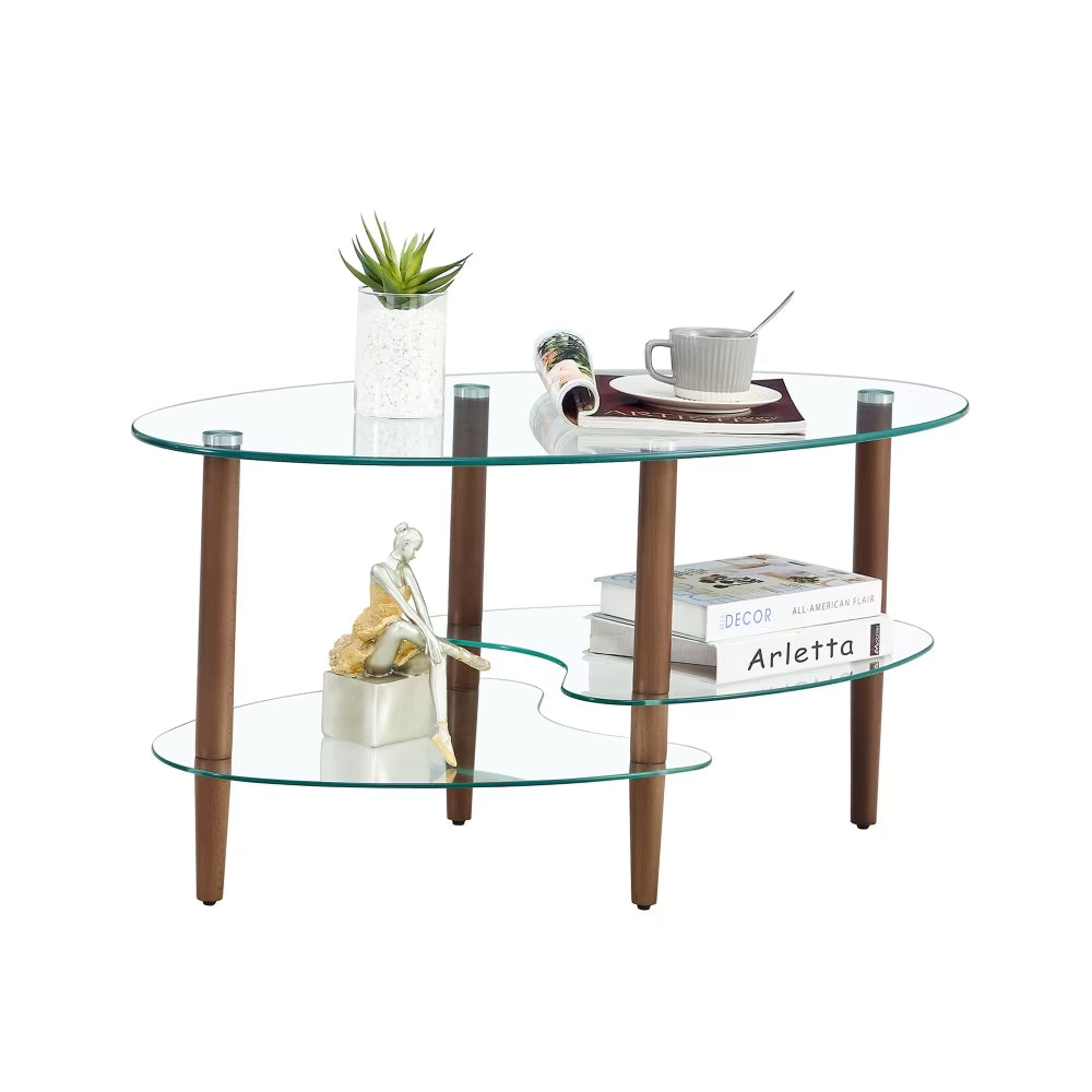 Glass Coffee Table, 3 Tier Clear Oval Glass Table with Oak Wood Legs, Smooth Edges Modern Oval Side Center Table