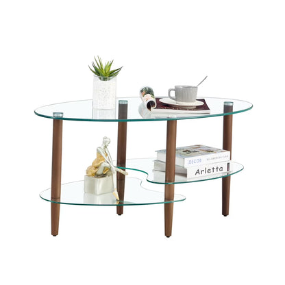 Glass Coffee Table, 3 Tier Clear Oval Glass Table with Oak Wood Legs, Smooth Edges Modern Oval Side Center Table