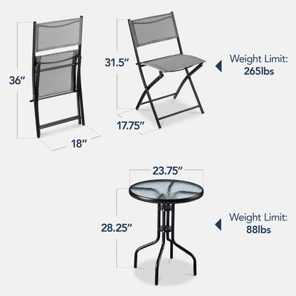 Best Choice Products 3-Piece Patio Bistro Dining Furniture Set w/Glass Tabletop, Folding Chairs - Gray