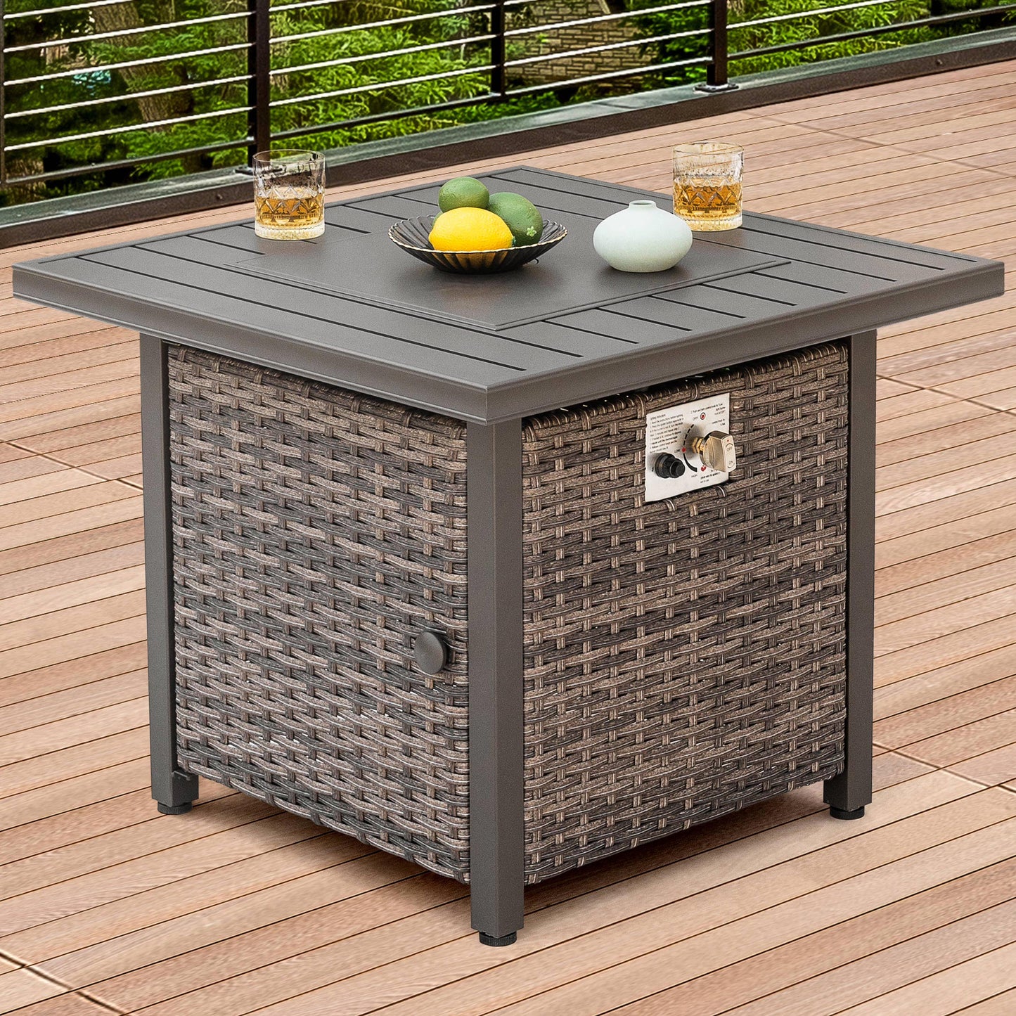 Nuu Garden Square 30" Outdoor Propane Fire Pit Table, 50,000 BTU Gas Fire Pit with Lid, Hand-Woven Wicker, with Glass Beads and CSA Certification