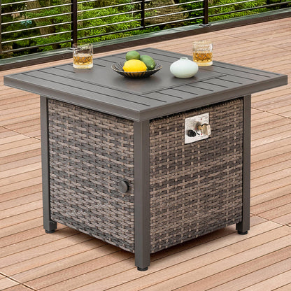 Nuu Garden Square 30" Outdoor Propane Fire Pit Table, 50,000 BTU Gas Fire Pit with Lid, Hand-Woven Wicker, with Glass Beads and CSA Certification