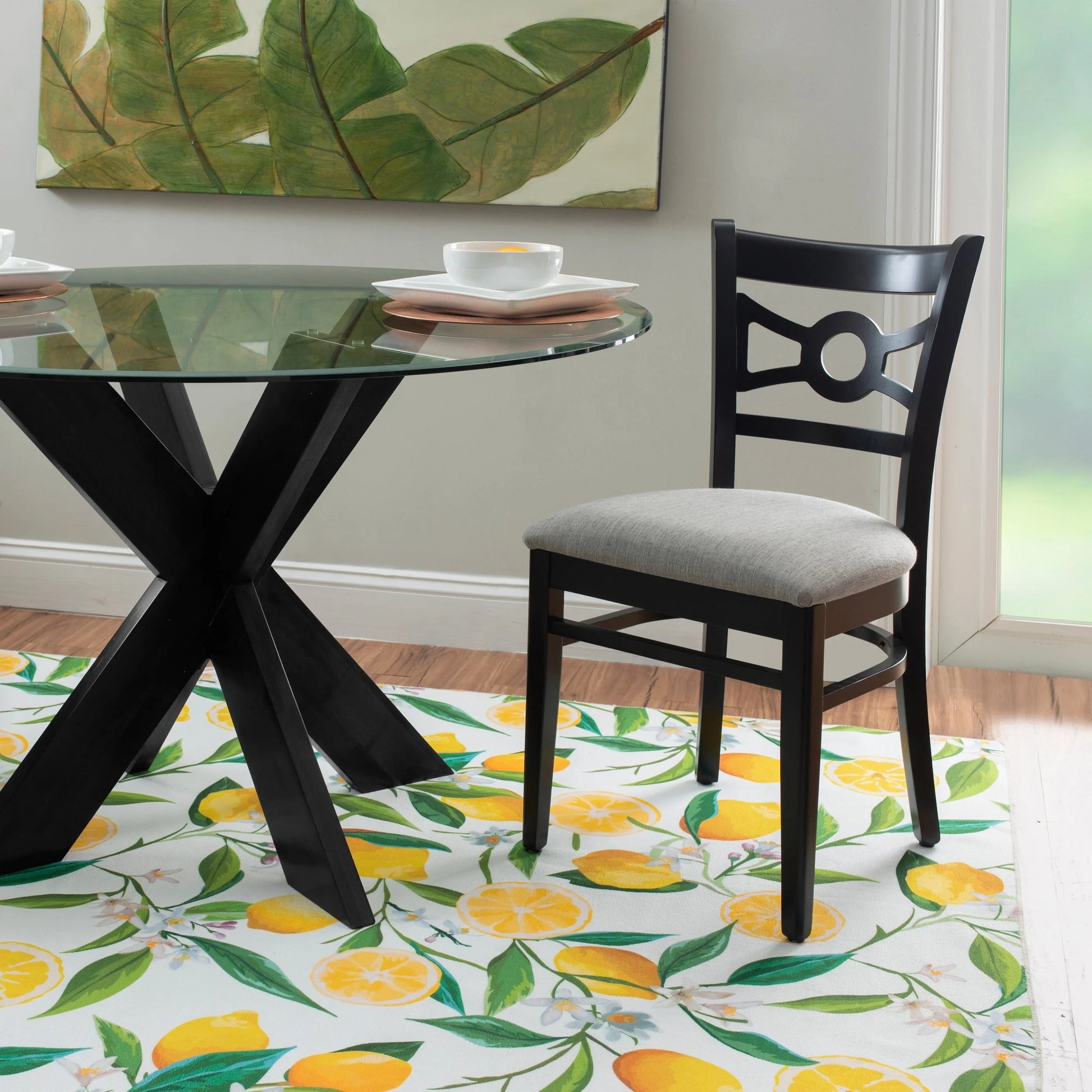 Powell Augusta Wood X-Base Dining Table with Glass Top, Black