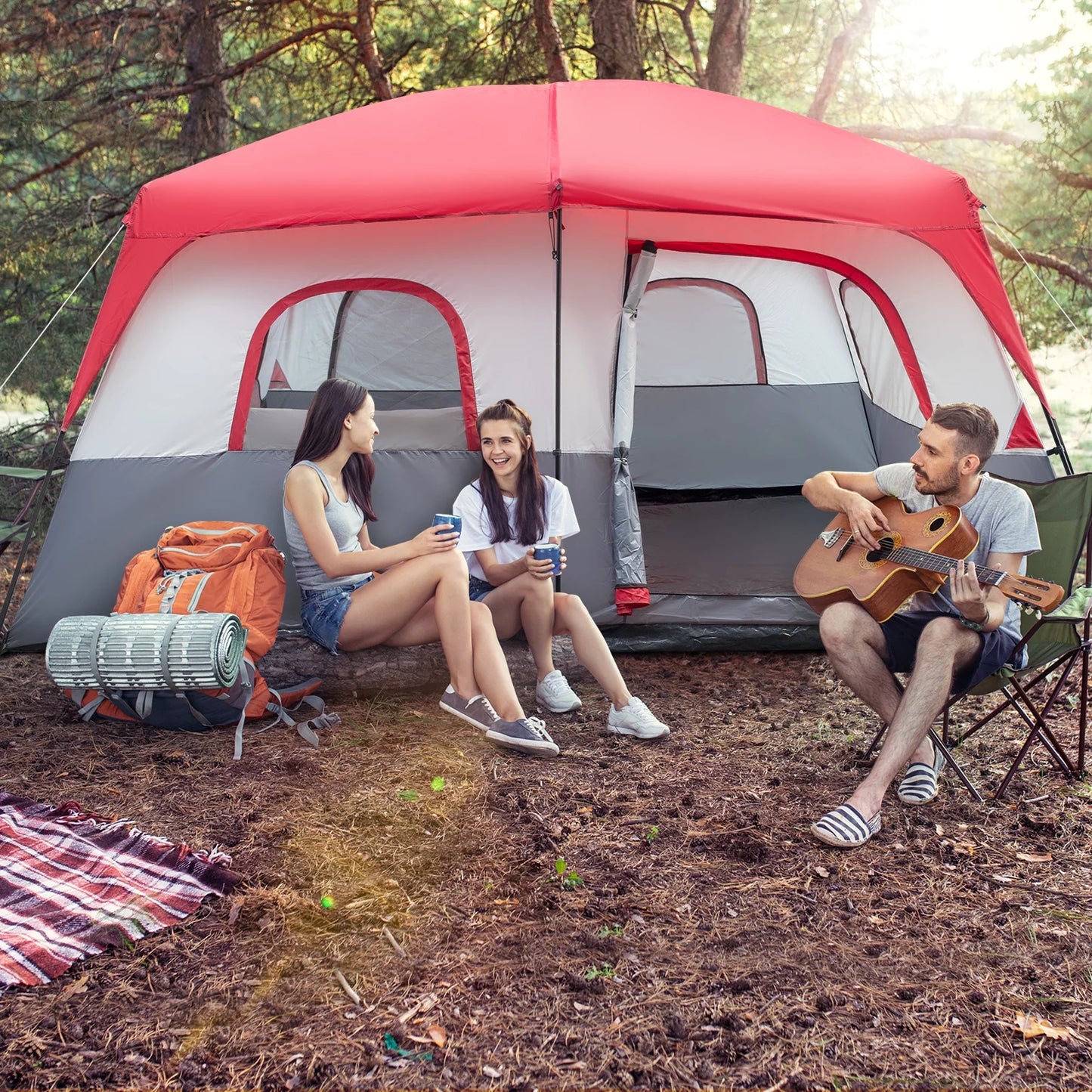 14-Person Camping Tent - 14'x14' (430x430cm) Family Dome Tent with Fiberglass Poles, Waterproof Polyester - Red/White