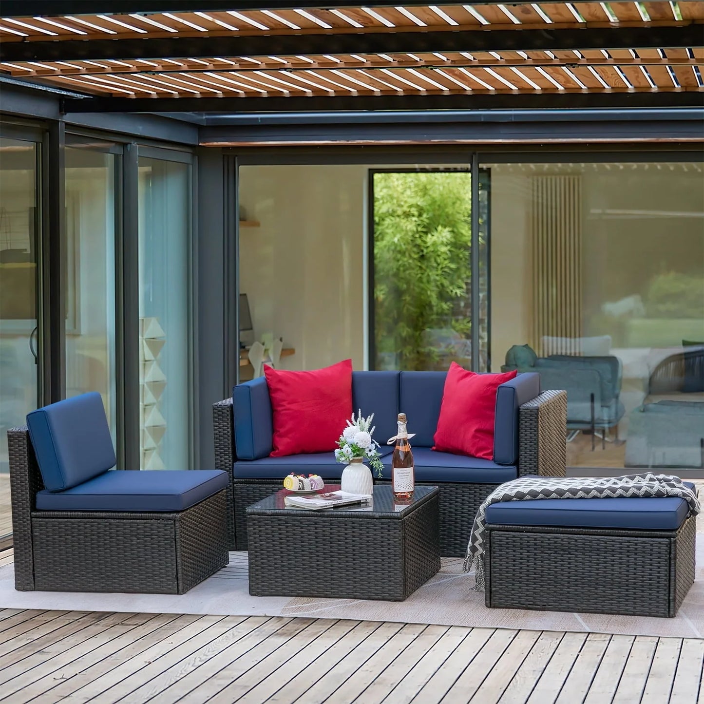 Devoko 5 Pieces Patio Furniture Sectional Set Outdoor Wicker Rattan Sofa Set Backyard Couch Conversation Sets with Pillow Cushions and Glass Table, Navy Blue
