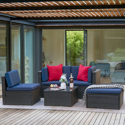 Devoko 5 Pieces Patio Furniture Sectional Set Outdoor Wicker Rattan Sofa Set Backyard Couch Conversation Sets with Pillow Cushions and Glass Table, Navy Blue
