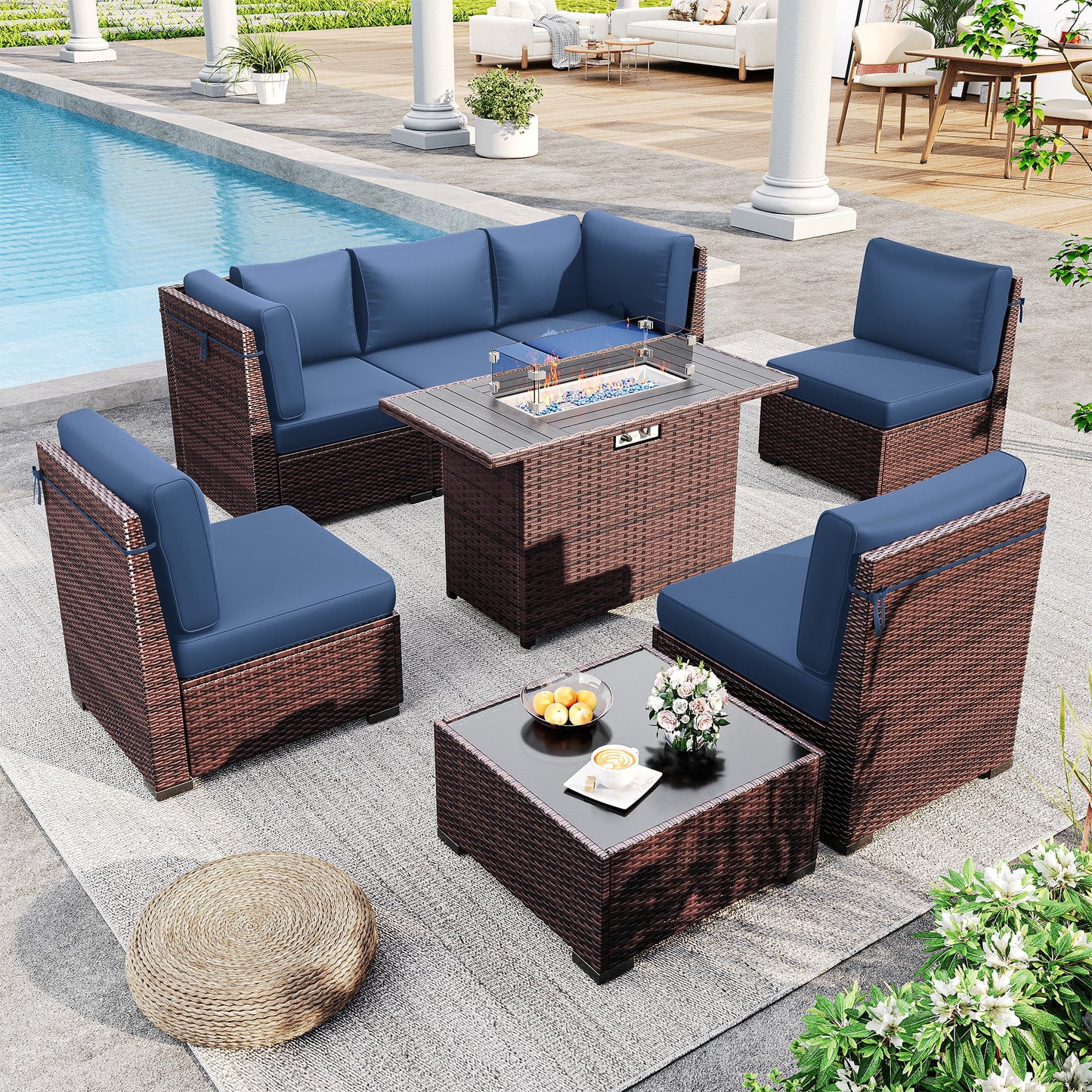 MRUAKA 8 Pieces Patio Furniture Set with Fire Pit Table, Outdoor Furniture Sectional Rattan Sofa with Slanted Back, Patio Couch with Glass Coffee Table for Backyard Garden (Navy)