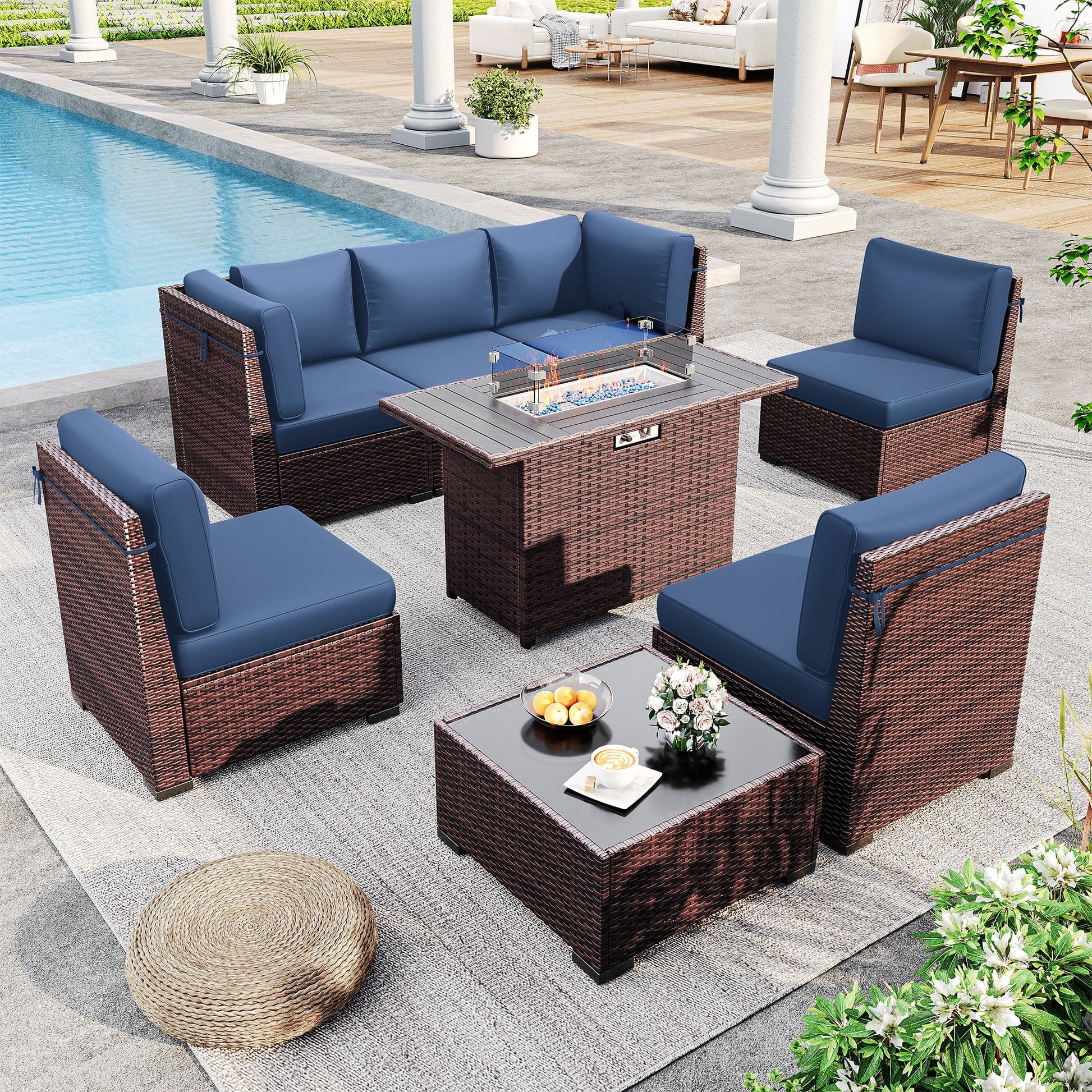 MRUAKA 8 Pieces Patio Furniture Set with Fire Pit Table, Outdoor Furniture Sectional Rattan Sofa with Slanted Back, Patio Couch with Glass Coffee Table for Backyard Garden (Navy)