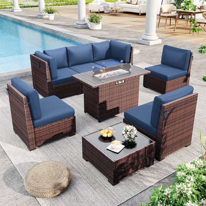 MRUAKA 8 Pieces Patio Furniture Set with Fire Pit Table, Outdoor Furniture Sectional Rattan Sofa with Slanted Back, Patio Couch with Glass Coffee Table for Backyard Garden (Navy)