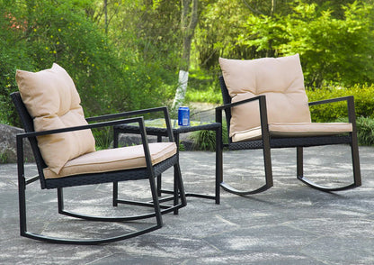 FDW 3 Pieces Wicker Outdoor Set with a High-Quality Tempered Glass Coffee Table, Black, steel, 2