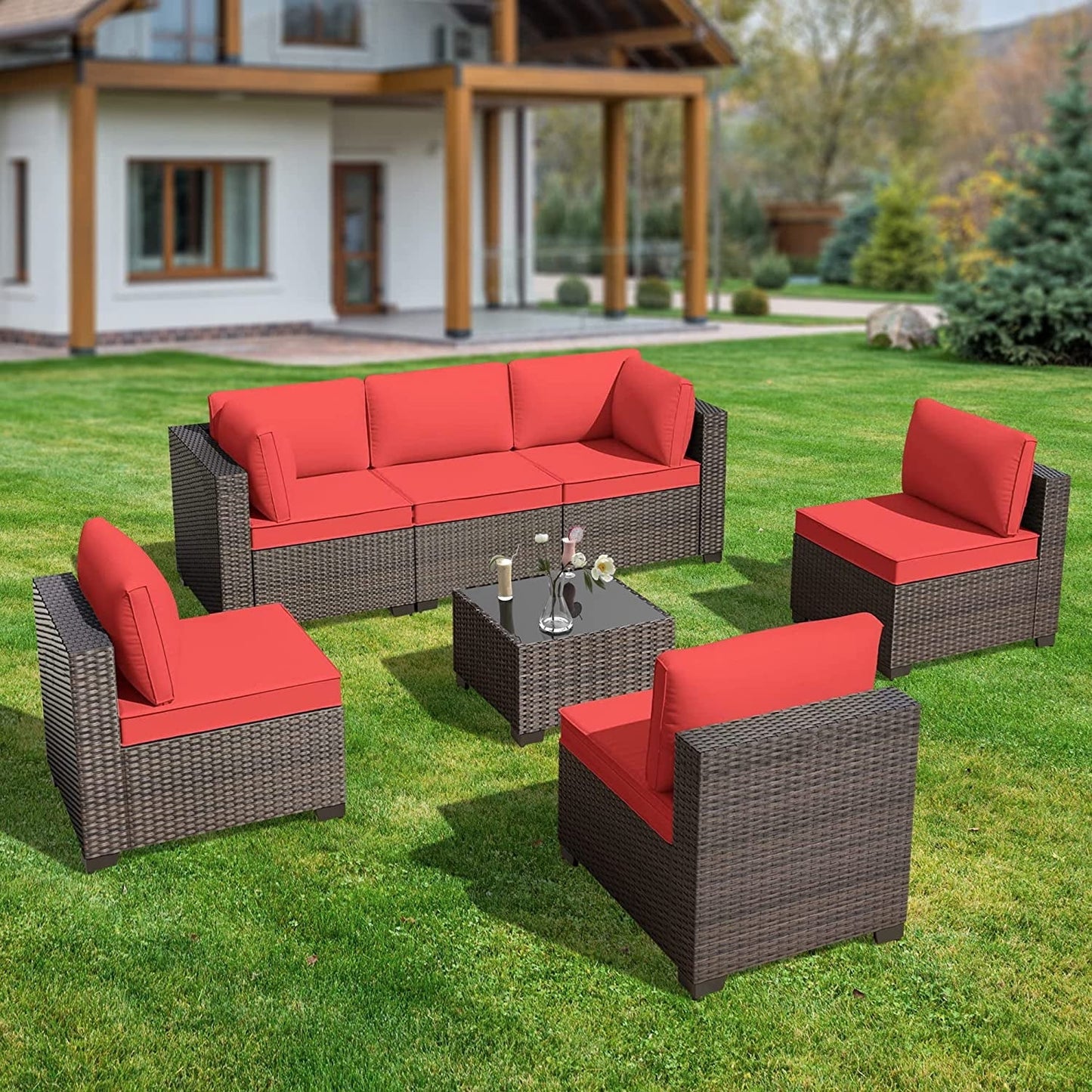 Grezone 7 Pieces Sectional Outdoor Furniture Sofa & Black-Glass Coffee Table