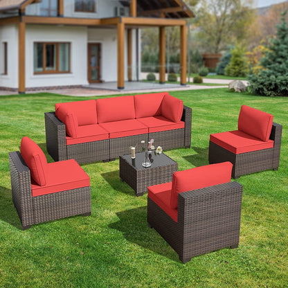 Grezone 7 Pieces Sectional Outdoor Furniture Sofa & Black-Glass Coffee Table
