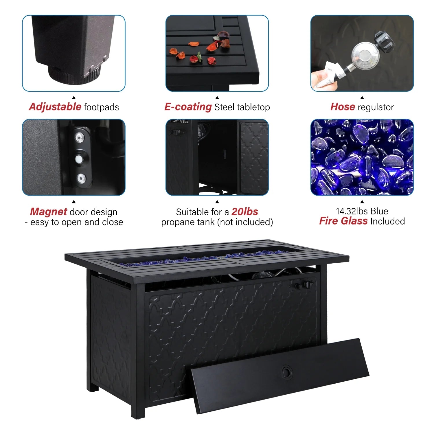 MF Studio 45" Rectangular Steel Propane Fire Pit Table 50000BTU Gas Fire Pit with Blue Fire Glass and Lid, Black