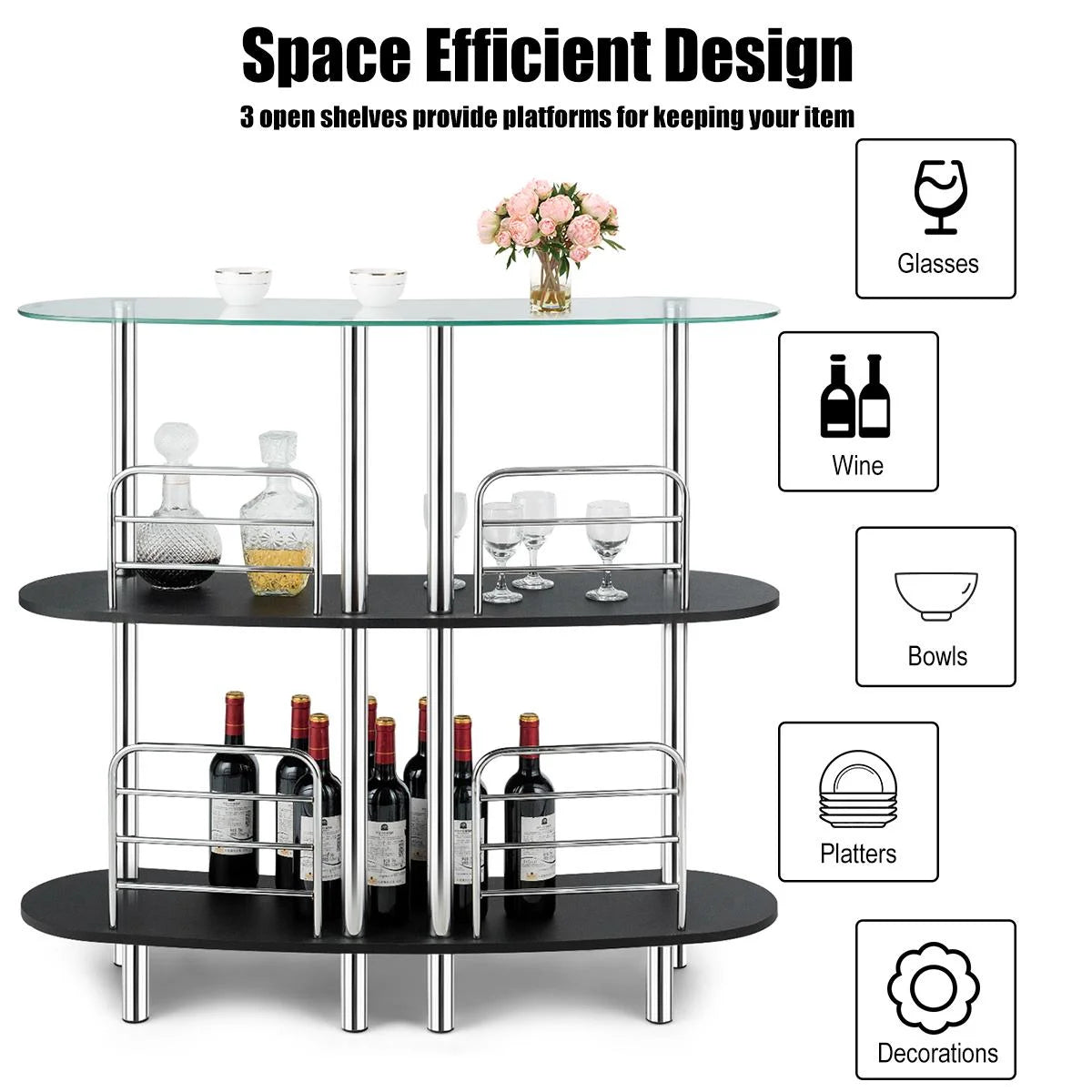 Giantex 3-Tier Glass Liquor Bar Cabinets, Wine Bar Storage with Tempered Glass Counter Top and Metal Frame, Bar Unit with 2 Shelves, Bar Organize Ideal for Home/Kitchen/Bar/Pub