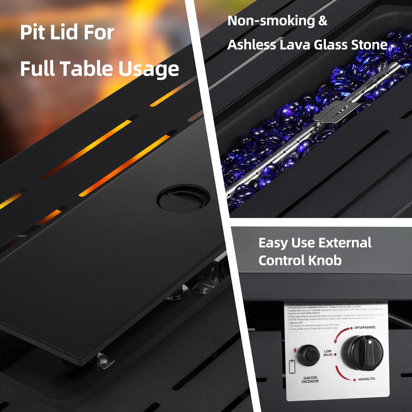 LHRIVER 43" Propane Fire Pit Table, 50,000 BTU Outdoor Windproof Gas Fire Pit with Lid, Smokeless Glass Rocks, Cover