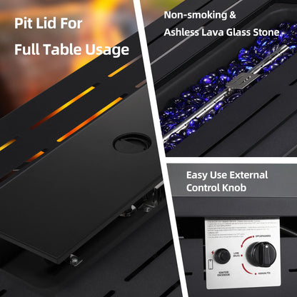 LHRIVER 43" Propane Fire Pit Table, 50,000 BTU Outdoor Windproof Gas Fire Pit with Lid, Smokeless Glass Rocks, Cover