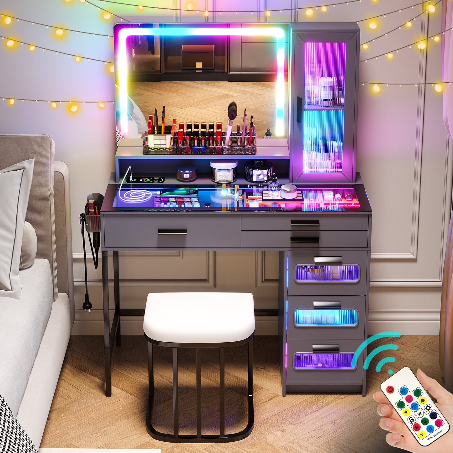 HNEBC Vanity Desk with Mirror and RGB Lights, Glass Top Makeup Vanity with Auto Sensor Lights and Wireless Charging, Vanity Table Set with Cushion Stool, Dressing Table with 6 Drawers (White)
