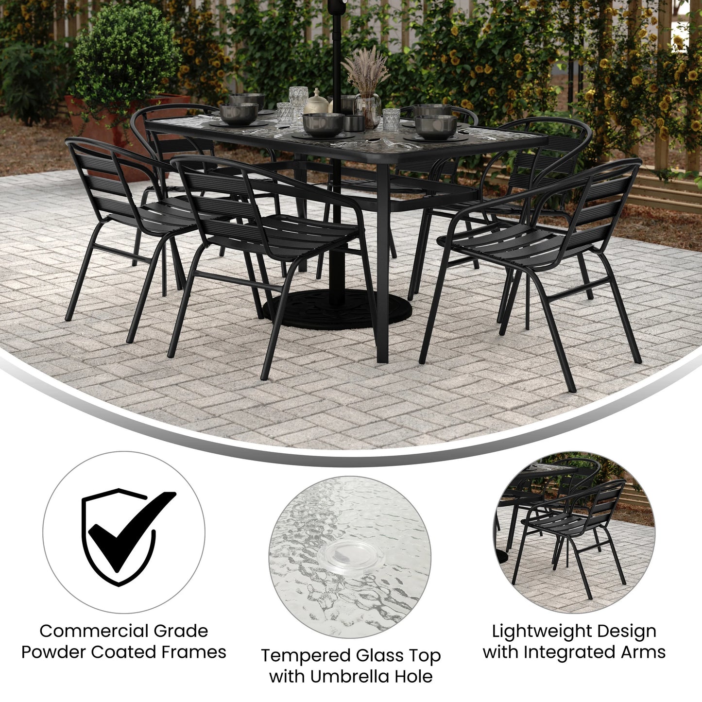 Flash Furniture 7 Piece Commercial Outdoor Patio Dining Set with 60" Tempered Glass Patio Table with Umbrella Hole and 6 Black Triple Slat Chairs