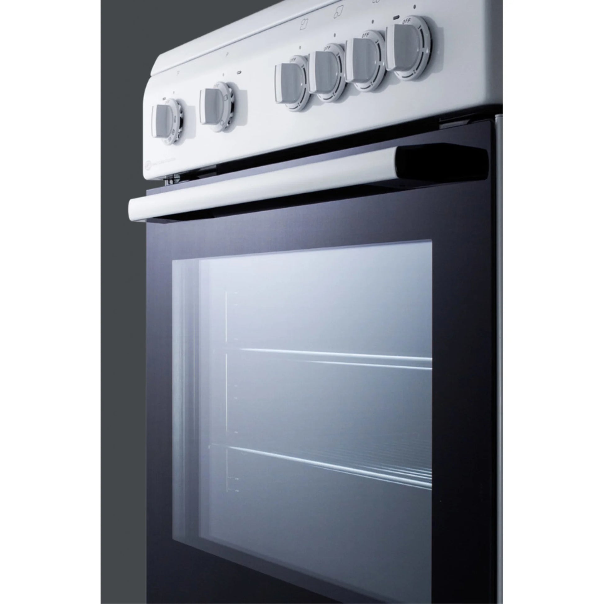 24" wide smooth top electric range in slide-in style and white finish, with storage drawer and large oven window in black glass