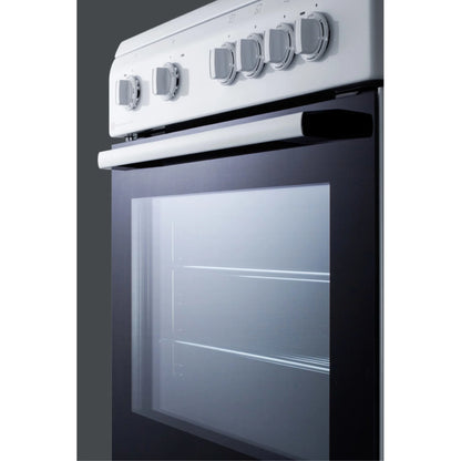 24" wide smooth top electric range in slide-in style and white finish, with storage drawer and large oven window in black glass