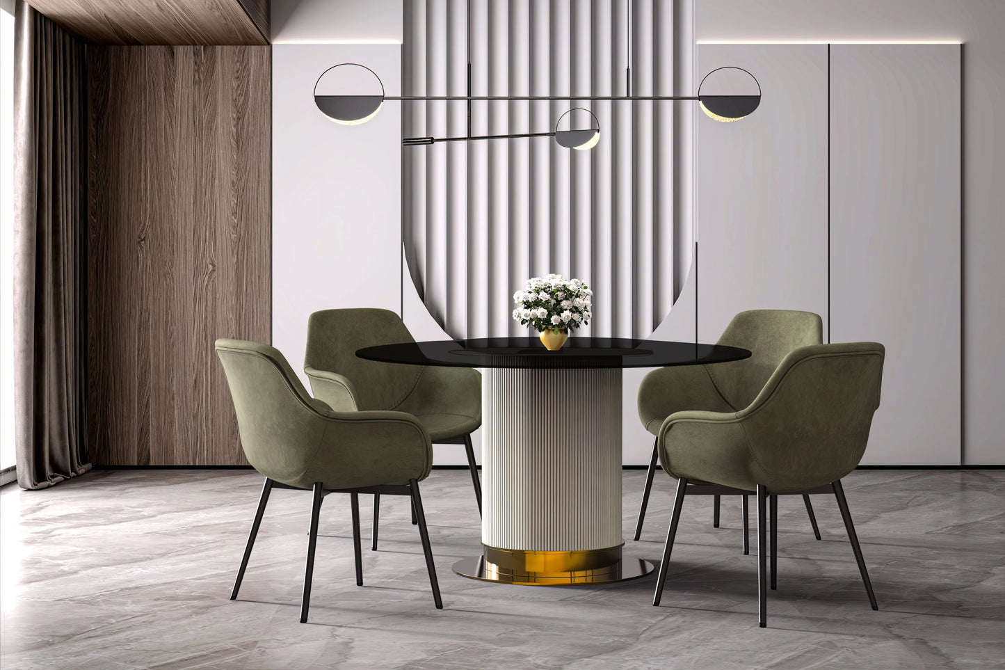 LeisureMod Jexis 60" Mid-Century Modern Round Dining Table with Glass/Sintered Stone Top and White/Gold Stainless Steel Pedestal Base for Kitchen and Dining Room (Black)