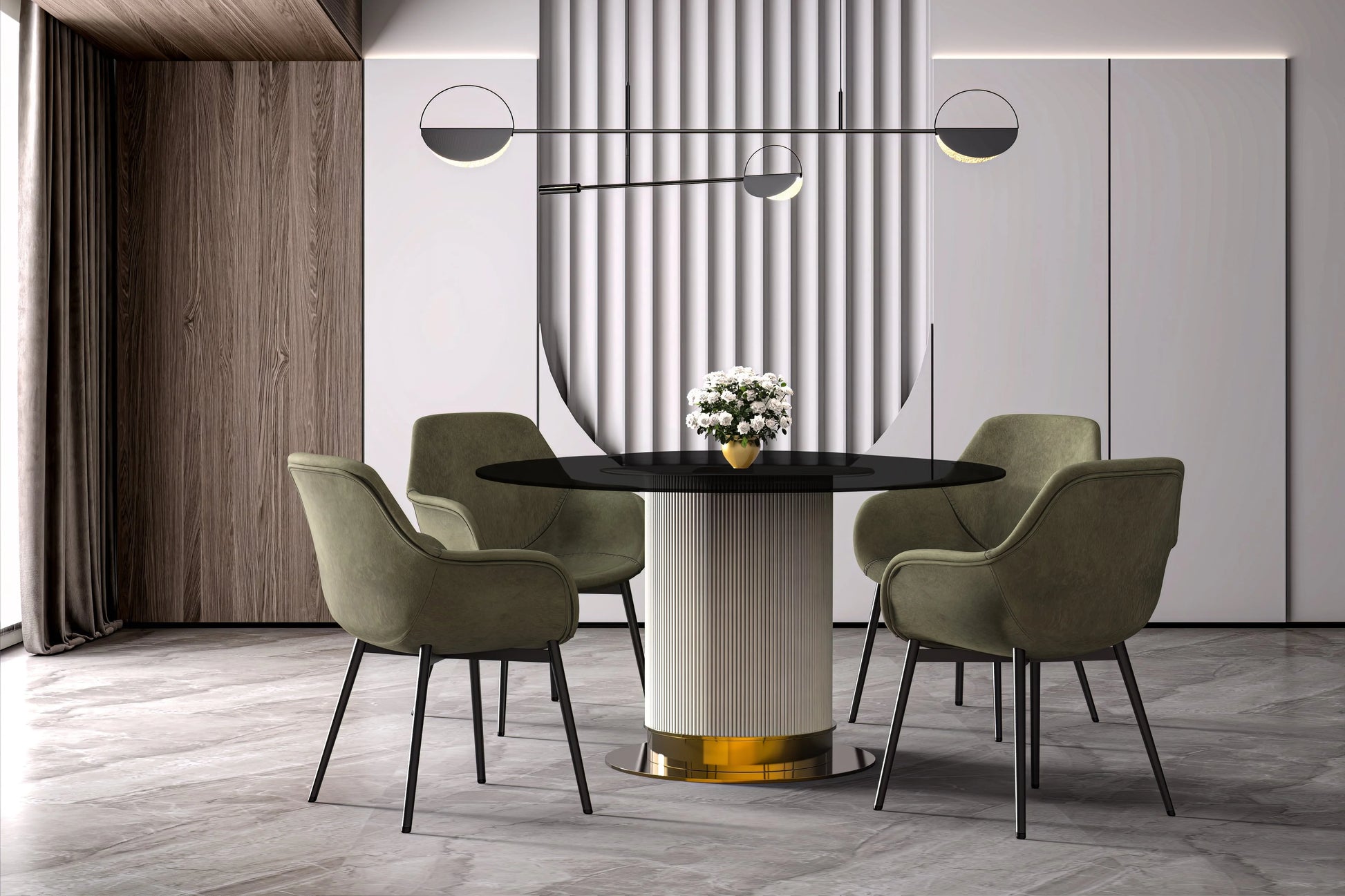 LeisureMod Jexis 60" Mid-Century Modern Round Dining Table with Glass/Sintered Stone Top and White/Gold Stainless Steel Pedestal Base for Kitchen and Dining Room (Black)