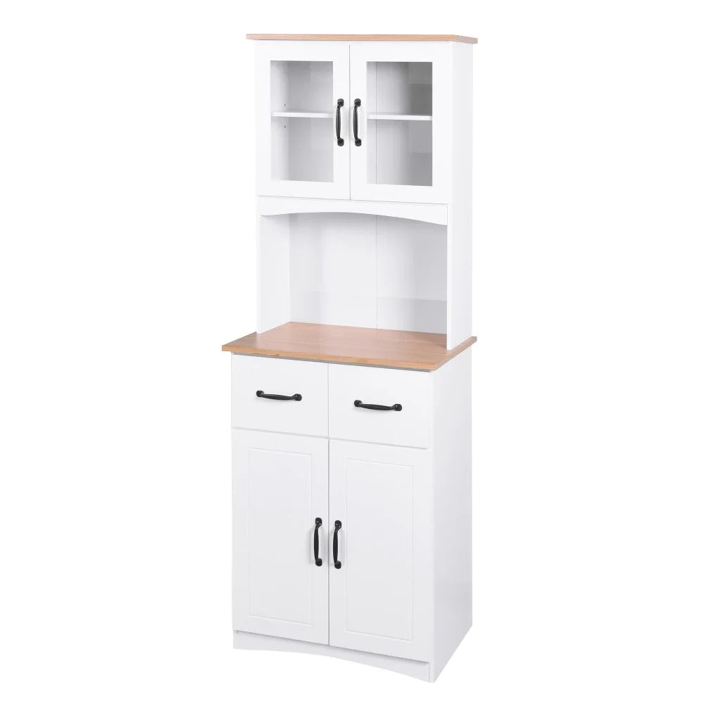 GZXS 67" Modern Buffet with Hutch, Kitchen Pantry Microwave Cabinet with Framed Glass Doors and 2 Drawers, White