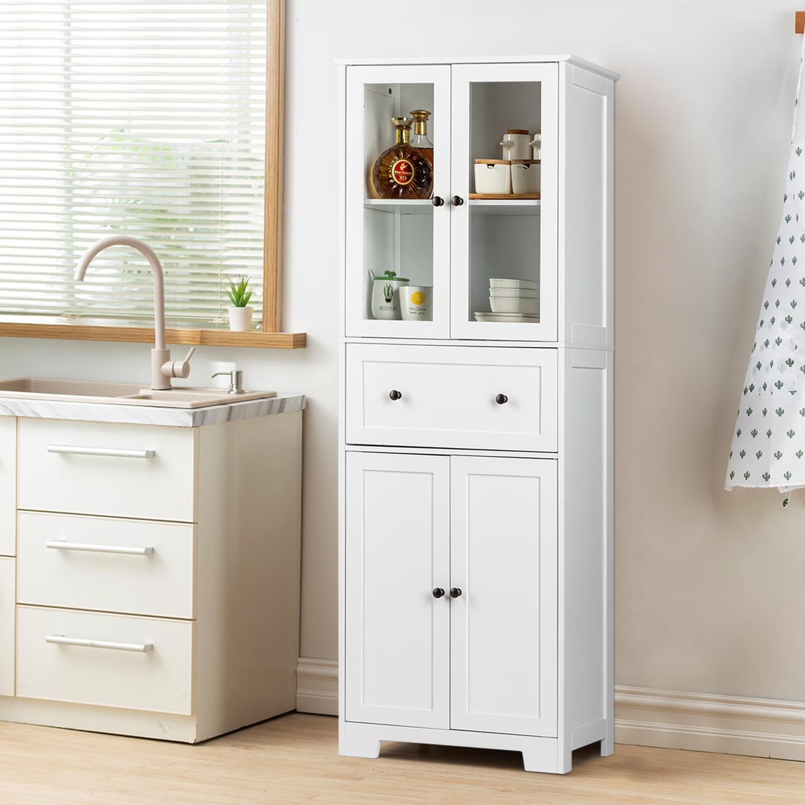 UBesGoo 64"H Pantry Cabinet, Tall Bathroom Closet Storage Organizer, with 2 Glass Doors Cabinets & Large Drawer, for Kitchen Living Room Bedroom Laundry Room Entryway Office, White