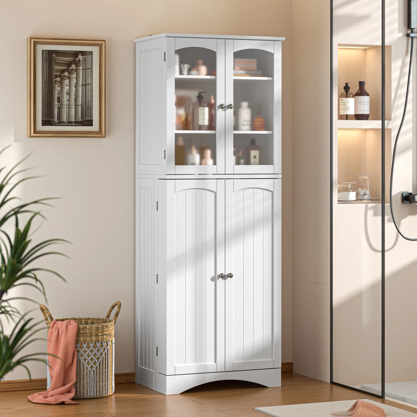 Pantry Cabinet, Lofka 64" Kitchen Pantry Storage Cabinet with Frosted Glass Doors and 14 Shelves, White
