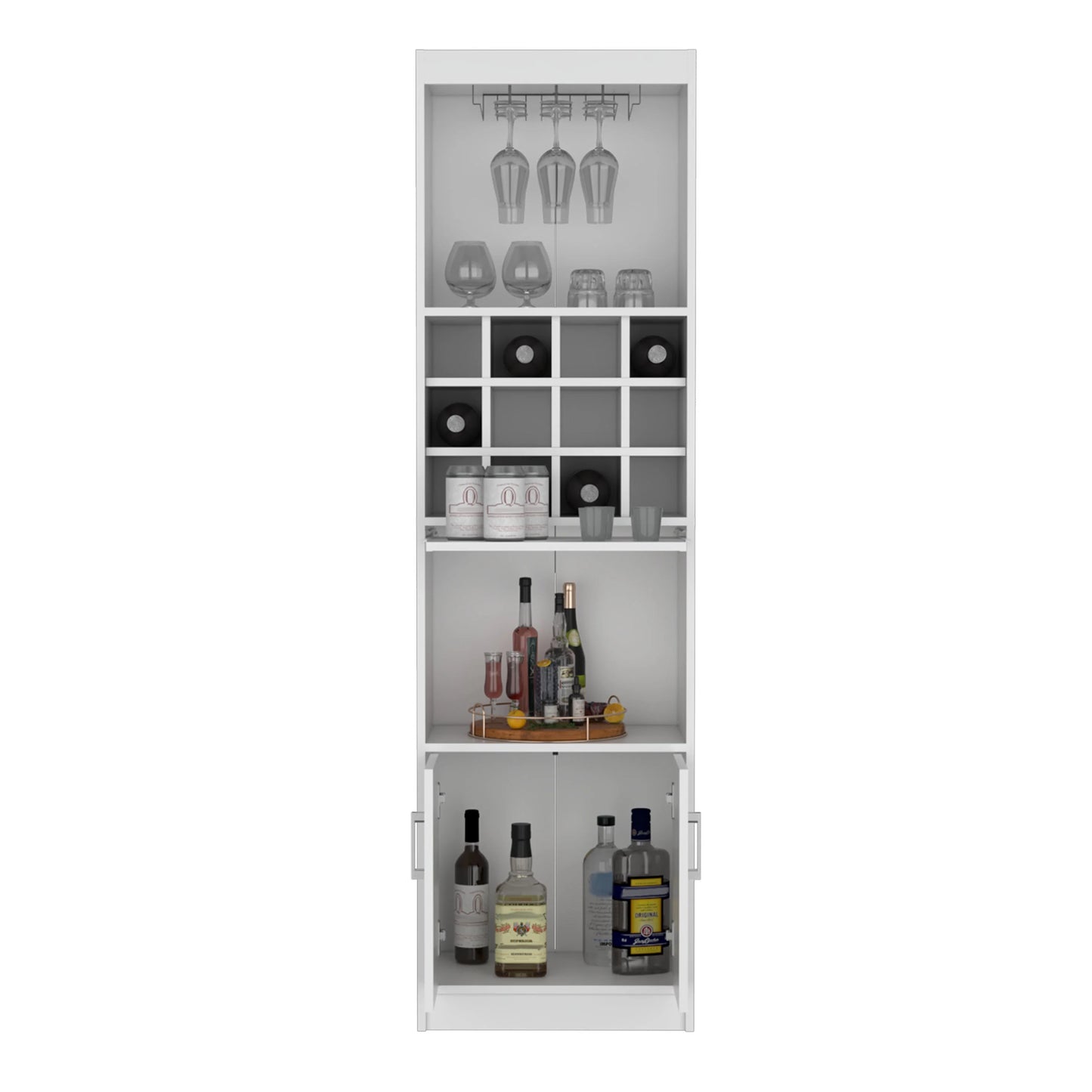 Royard Oaktree 71.1" Tall Bar Cabinet with 12-bottle Cubbies and Glass Holder, Freestanding Liquor Cabinet with Doors, Stemware Rack, Shelves, and Pull Out Tray for Living Room, Kitchen, White