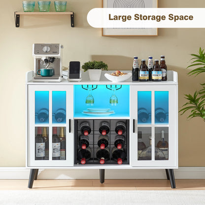 Wine Bar Cabinet with LED Light, Coffee Bar Cabinet with Storage and Outlet, Kitchen Buffet Sideboard with Wine Rack and Glass Holder, Modern Liquor Cabinets for Home Dining Room, White