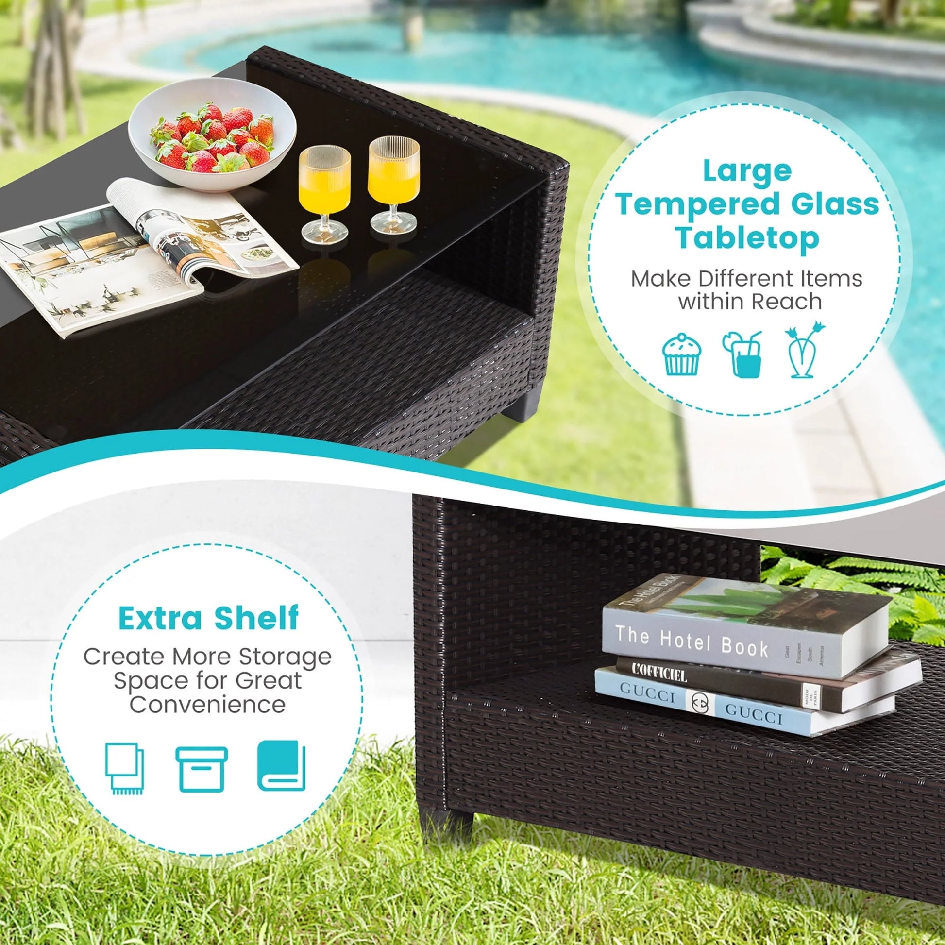Gymax 4PCS Outdoor Conversation Set Patio PE Rattan Set w/Glass Table & Sofa Cushions Turquoise