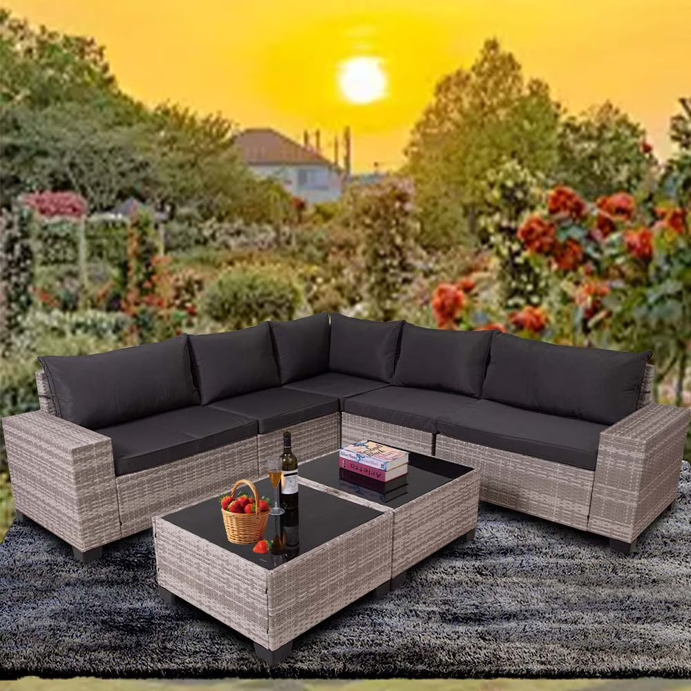 HISUKOY 7-Piece Wicker Modular All Weather Outdoor Conversation Sets with Washable Cushions and Glass Table