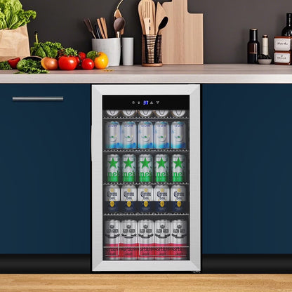 Nipus 17.52 inch Beverage Refrigerator Cooler,120 Cans Capacity with Glass Door for Soda Wine Beer, with Adjustable Removable Shelves, Black