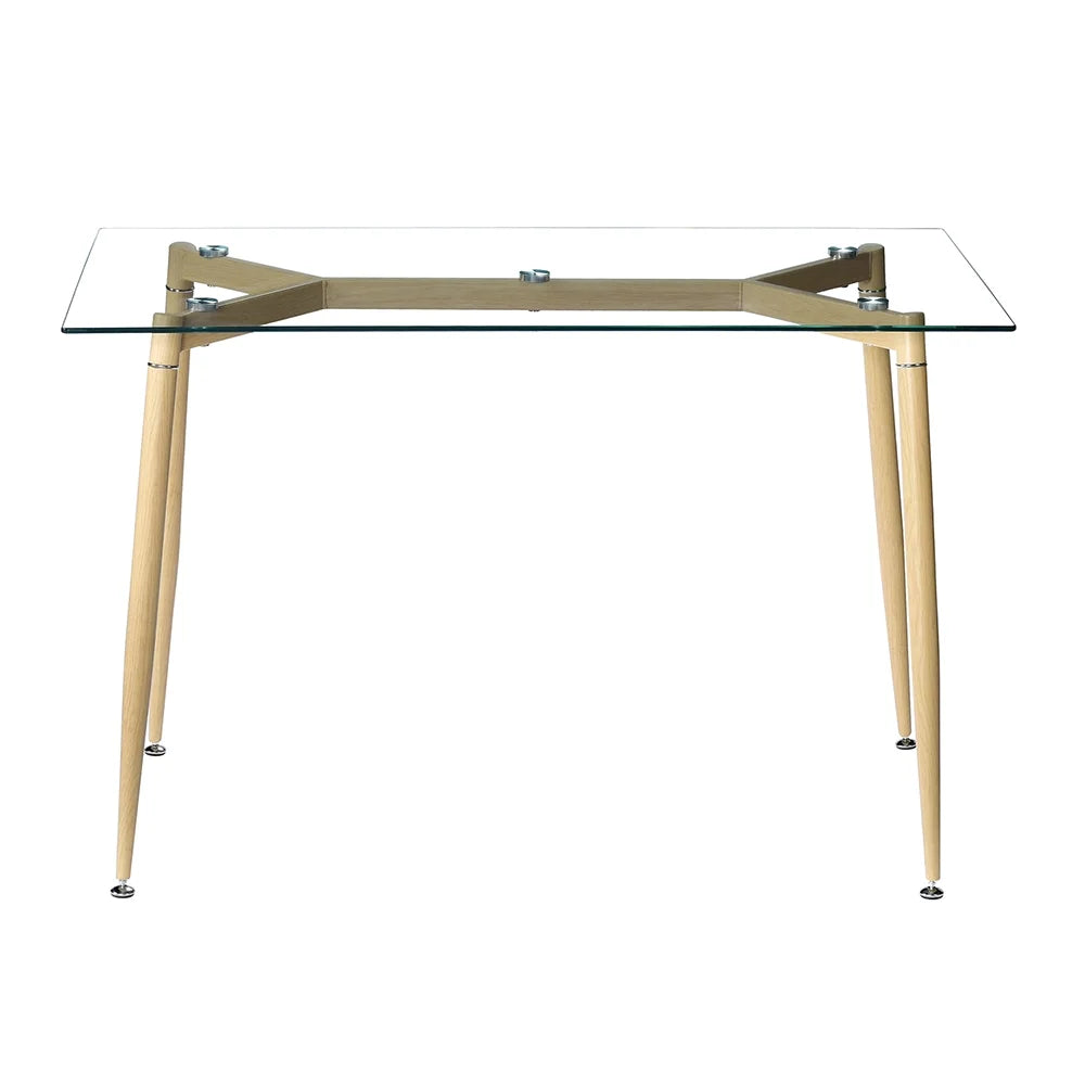 Modern Glass Dinner Table, 8MM Black Tempered Glass Sturdy Table Top, Dining Table Iron Tube Legs w/Wood Pattern, for Home, Kitchens, Dining Rooms, Cafes, Idea for Eating, Work or Play Games, S12700