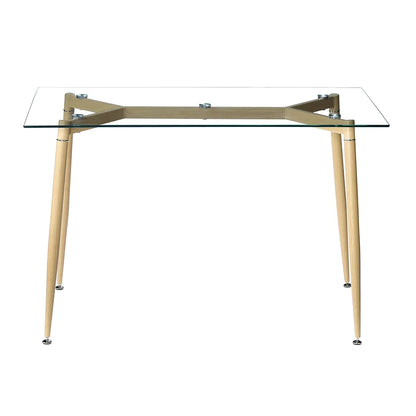 Modern Glass Dinner Table, 8MM Black Tempered Glass Sturdy Table Top, Dining Table Iron Tube Legs w/Wood Pattern, for Home, Kitchens, Dining Rooms, Cafes, Idea for Eating, Work or Play Games, S12700