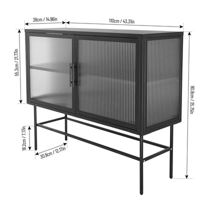 CoSoTower Double Tampered Glass Door Storage Cabinet with Adjustable Shelf and Feet Cold-Rolled Steel Tempered Glass Sideboard Furniture for Living Room Kitchen Black Color