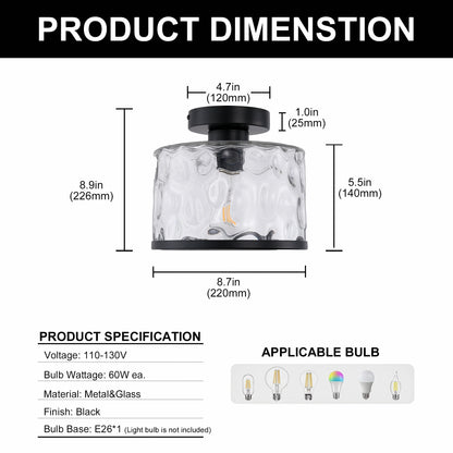 LOHASLED Industrial Semi Flush Mount Ceiling Light with Clear Hammered Glass,Black ,Modern Lighting for Hallway, Porch, Kitchen, Bathroom, Bedroom