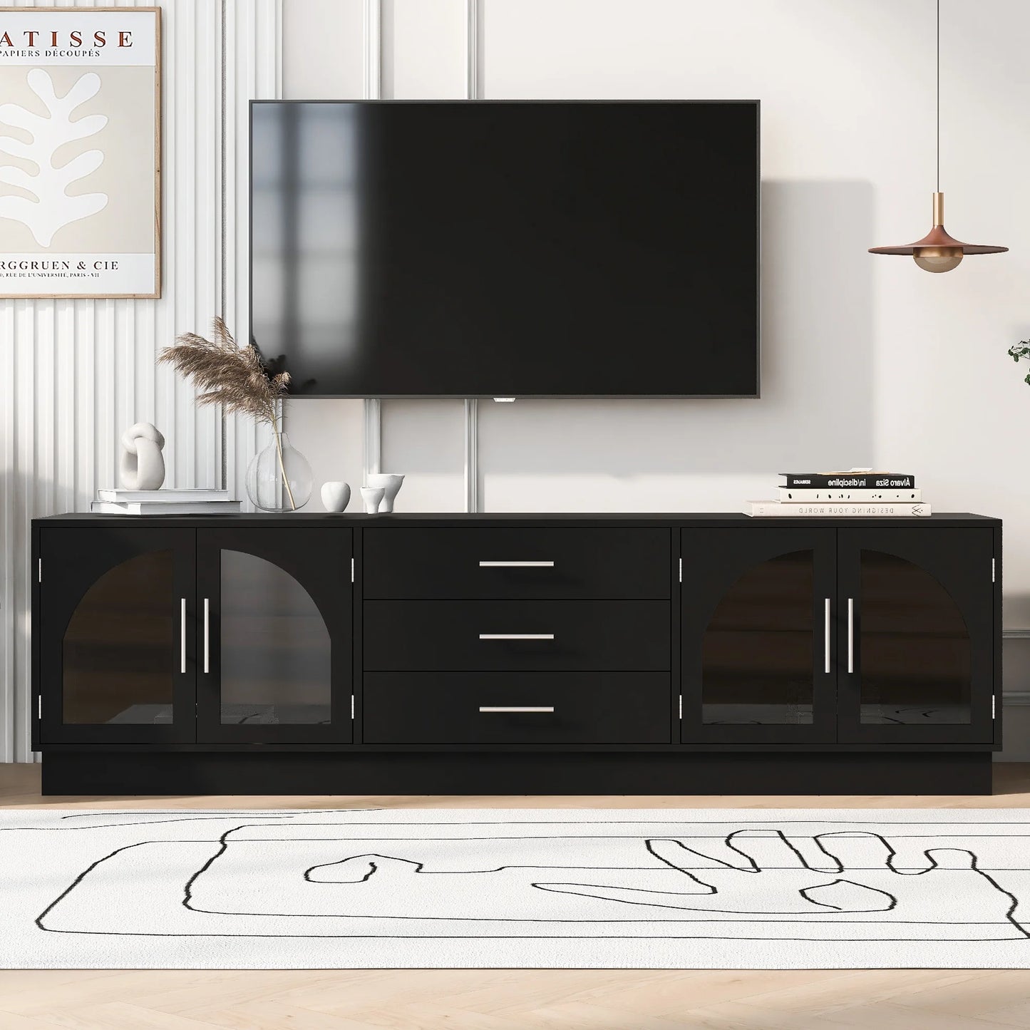 Euroco Modern TV Stand with Arched Glass Doors, Drawers & Adjustable Shelves for TVs up to 75 Inches