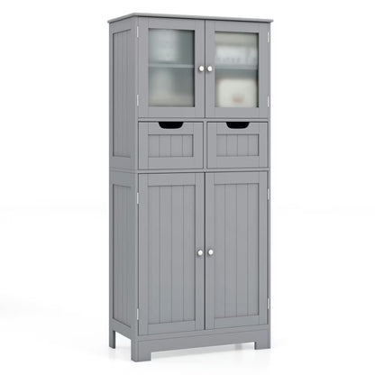 Resenkos 4 Door Freee-Standing Bathroom Cabinet with 2 Drawers and Glass Doors-Gray, Bathroom Cabinets for Entryway Storage, Home Office Furniture
