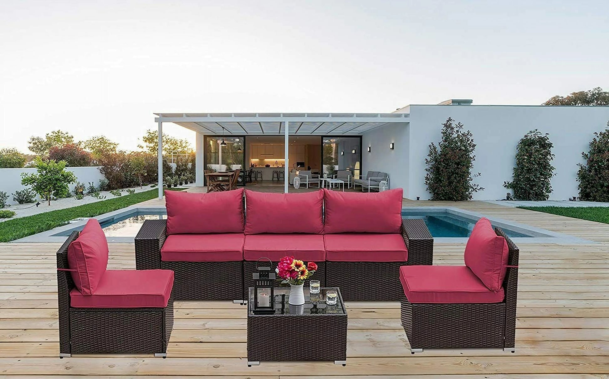 Gotland Outdoor Patio Furniture Set 6 Piece Sectional Rattan Sofa Set Rattan Wicker Patio Conversation Set with 5 Seat Cushions and 1 Tempered Glass Table,Red