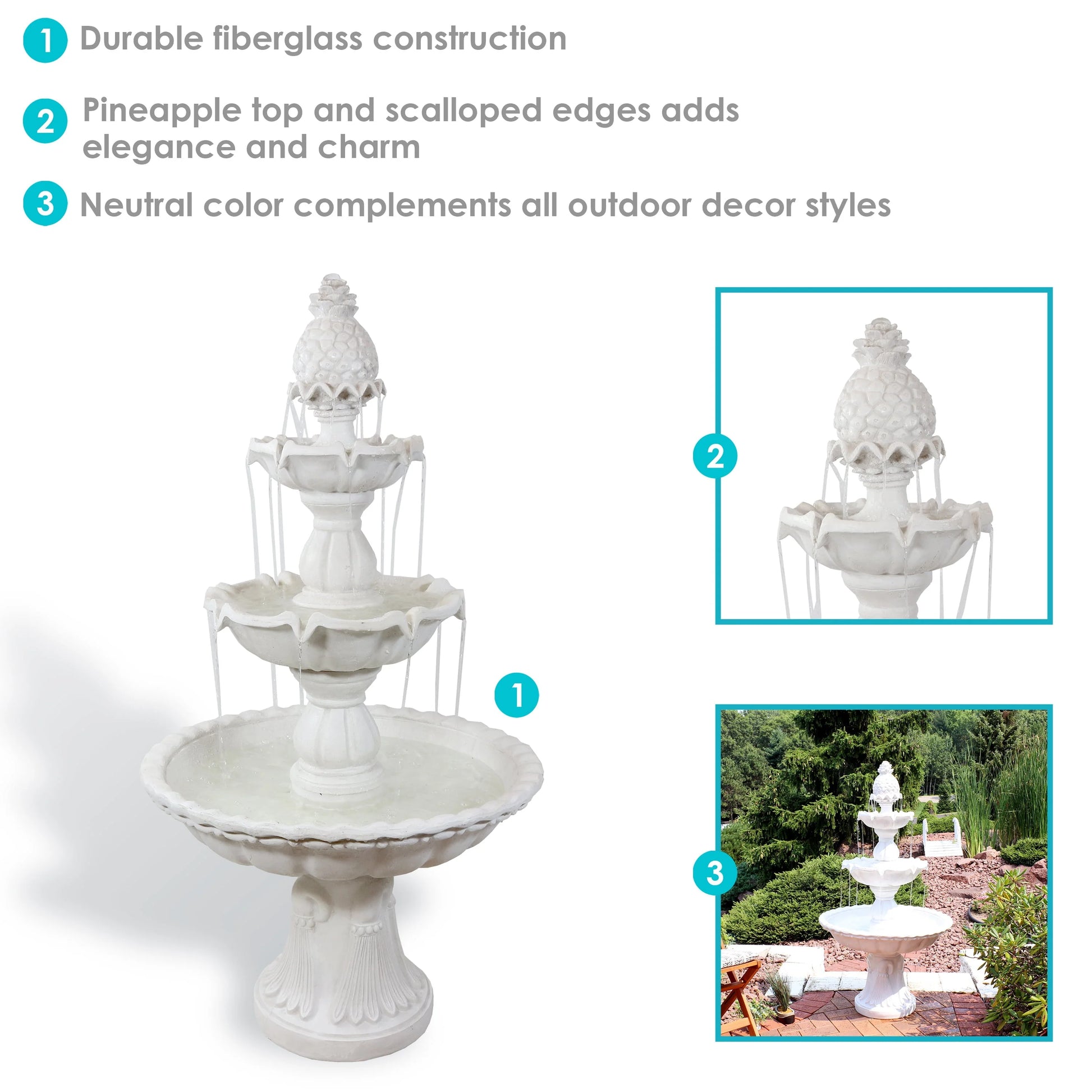 Sunnydaze 59"H Electric Fiberglass 3-Tier Welcome Pineapple Top Outdoor Water Fountain