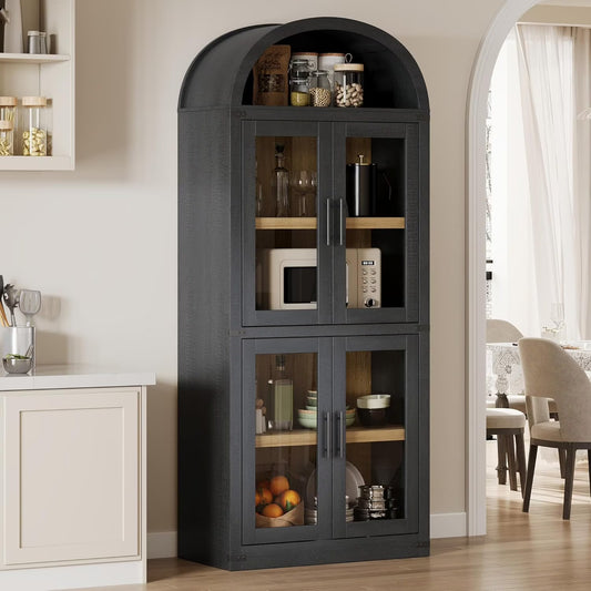 NEILA Arched Bookshelf with Doors - Glass Doors - 15.83 inches deep by 71.4 inches tall rustic ambiance premium wood display cabinet for living room, kitchen and office,Glass Door_Black