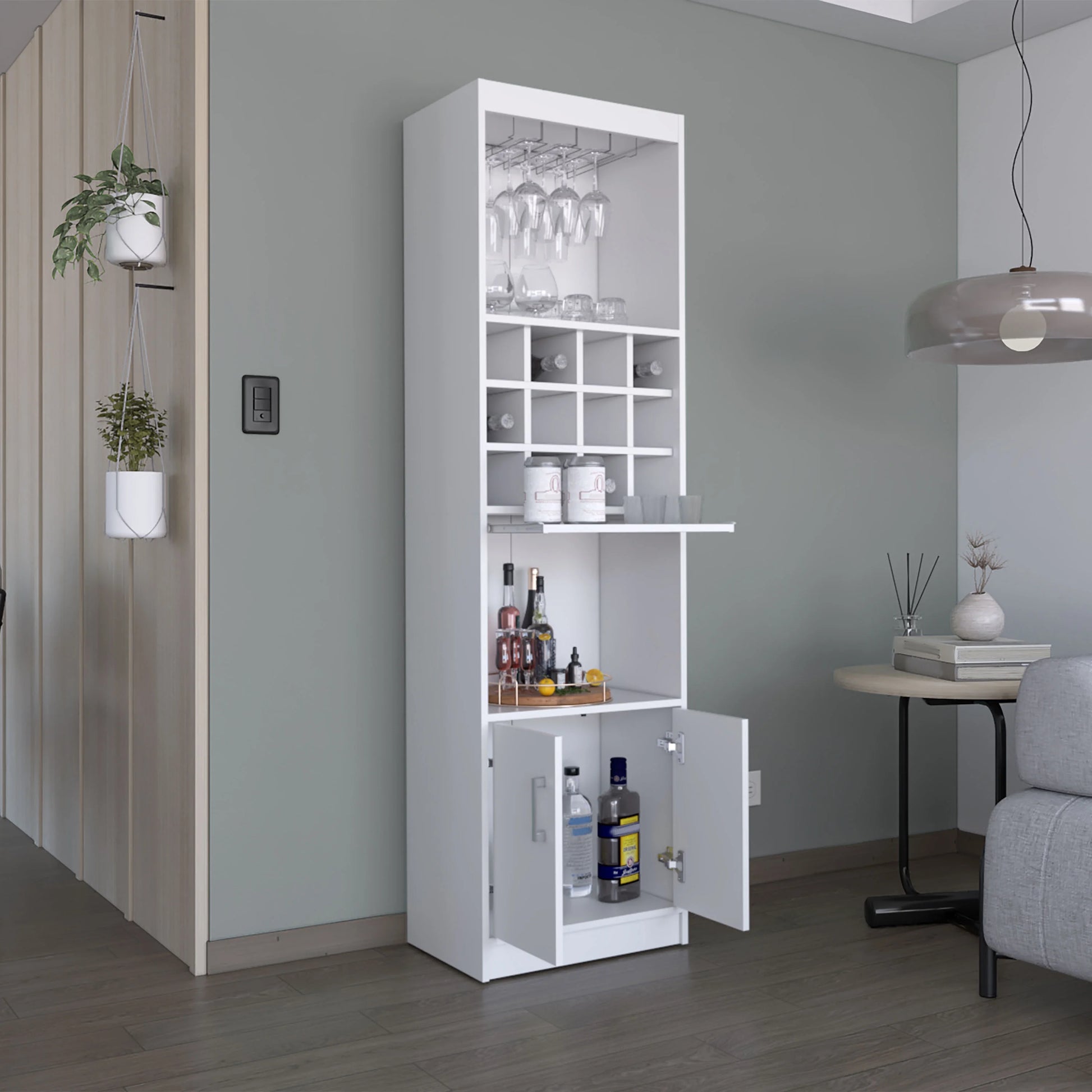 Royard Oaktree 71.1" Tall Bar Cabinet with 12-bottle Cubbies and Glass Holder, Freestanding Liquor Cabinet with Doors, Stemware Rack, Shelves, and Pull Out Tray for Living Room, Kitchen, White