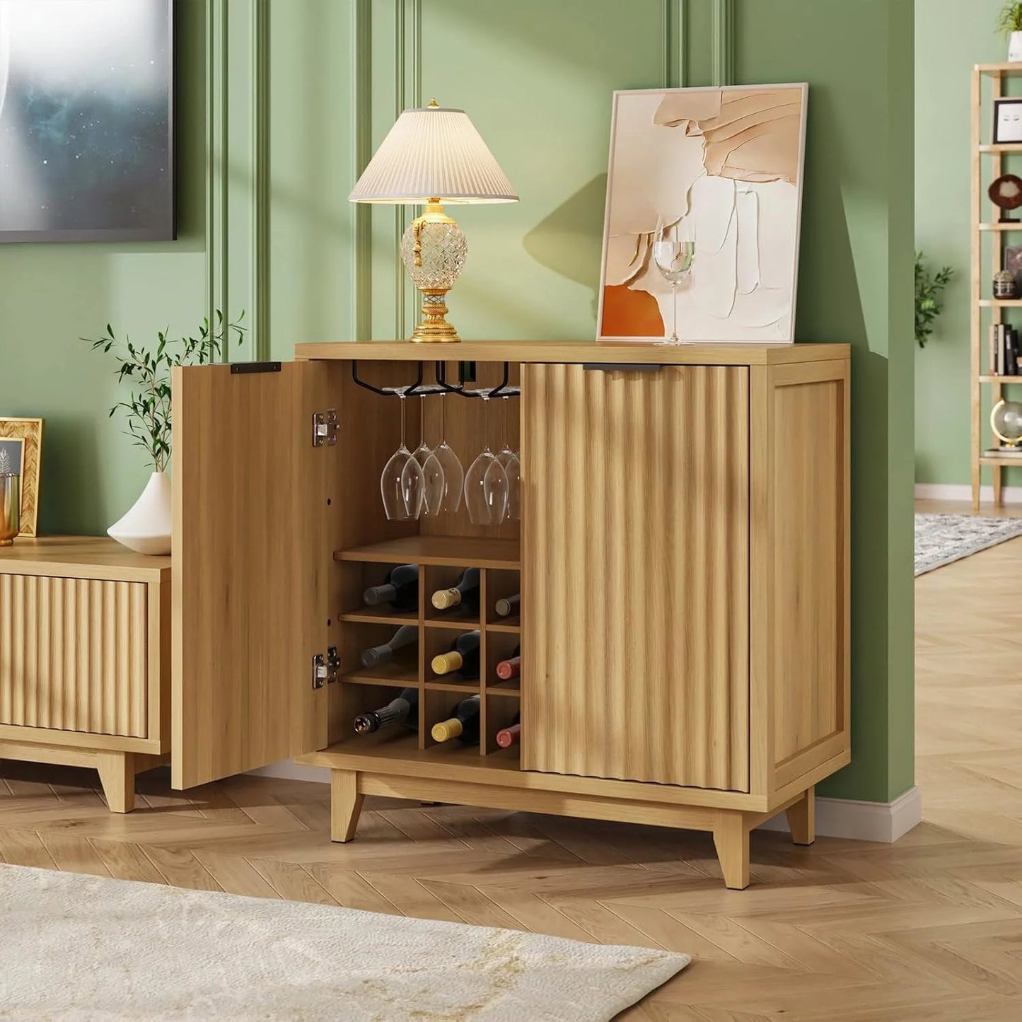 VEANERWOOD Wine Bar Cabinet with 2 Door Fluted Texture, Kitchen Sideboard Buffet with Wine Rack& Glass Holder for Living Room