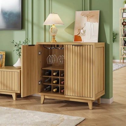 VEANERWOOD Wine Bar Cabinet with 2 Door Fluted Texture, Kitchen Sideboard Buffet with Wine Rack& Glass Holder for Living Room