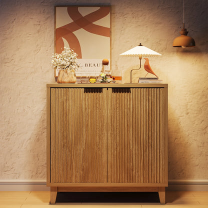 VEANERWOOD Wine Bar Cabinet with 2 Door Fluted Texture, Kitchen Sideboard Buffet with Wine Rack& Glass Holder for Living Room